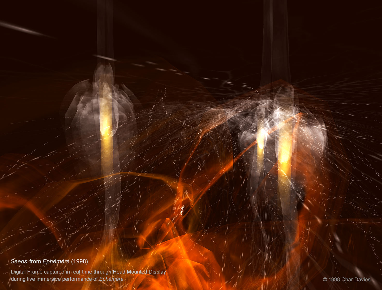Char Davies, "Seeds", digital frame captured in real time through HMD (head-mounted display) during live performance of immersive virtual environment <em>Ephémère</em>, 1998. (© Char Davies) Char Davies, "Seeds", digital frame captured in real time through HMD (head-mounted display) during live performance of immersive virtual environment <em>Ephémère</em>, 1998. (© Char Davies)