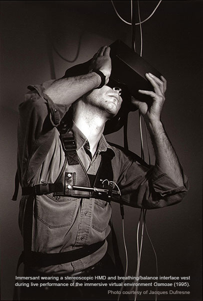 Osmose, Immersant with Head Mounted Display and Breathing/Balance Vest
