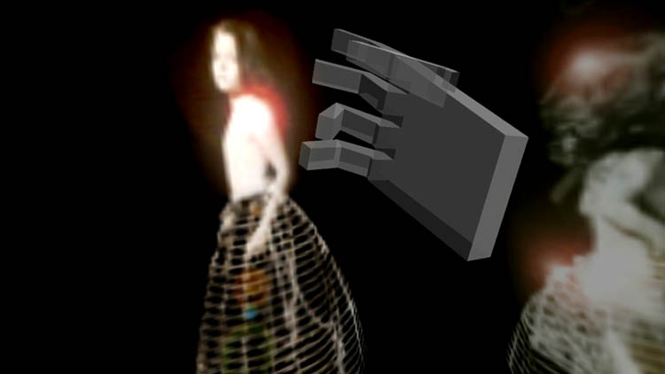 A dataglove helps locate the user inside the world of Toni Dove and Michael Mackenzie's dreamlike VR experience Archeology of the Mother Tongue (1993).